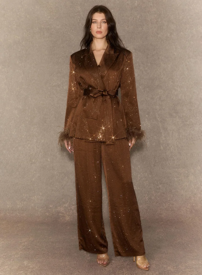 سنفير Suave Presence Brown Diamond Blazer & Wide Leg Pants Set